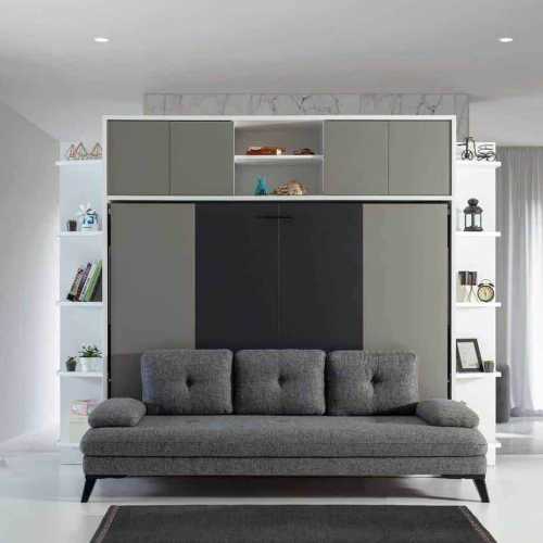 Lit escamotable Pratix | Lit escamotable horizontal 2 places avec canape gri